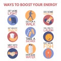 Modern flat style infographic on boosting your energy.