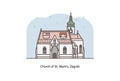 Travel Croatia - Vector line illustration of St. Mark`s Church, Zagreb