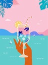 Modern flat summer beach party flyer design templates. Hand holding cocktail glass on tropical seascape background Royalty Free Stock Photo