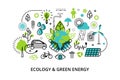 Modern flat thin line design vector illustration, infographic concept of ecology problem, generation and saving green energy Royalty Free Stock Photo
