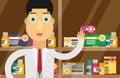 Modern flat vector illustration of a male pharmacist at the counter in a pharmacy opposite the shelves with medicines. Health care Royalty Free Stock Photo