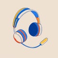 Modern flat vector illustration of striped headphones with a microphone on a clean background. Royalty Free Stock Photo