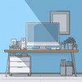 Modern flat vector office desk with computer, speaker, books, plant, and blue wall shadow. Royalty Free Stock Photo