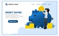 Modern flat web page design concept of Money saving with A woman puting coin money into large piggy bank. Flat landing page Royalty Free Stock Photo