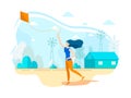 Modern Flat Woman Running Flying Kite on Open Air. Royalty Free Stock Photo