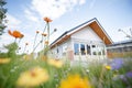 modern flatroofed villa surrounded by wildflowers Royalty Free Stock Photo