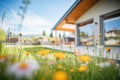 modern flatroofed villa surrounded by wildflowers Royalty Free Stock Photo