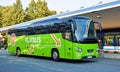 Modern Flixbus coach leaves the Chemnitz bus station towards Karlsruhe