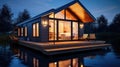 Modern floating cabin with nice reflection on the lake water at night Royalty Free Stock Photo