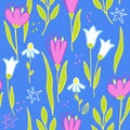 Modern floral handrawn seamless pattern on blue background. Vector illustration.