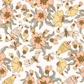 Modern floral pattern, large flowers, and butterflies. Seamless pattern. Modern design for paper, cover, fabric, decor Royalty Free Stock Photo