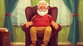 Modern flyer with cartoon illustration of happy elder man sitting in armchair at home. Concept of homecare services.