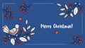 Modern folk Christmas banner template with bird on branch with berries on blue background. Vector horizontal holiday