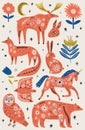 Modern folk tribal boho patterned animals in Scandinavian style. Floral Slovak ornament, inspired by northern mythology and fairy