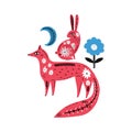 Modern folk tribal boho patterned animals in Scandinavian style. Floral Slovak ornament, inspired by northern mythology and fairy