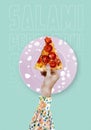 Modern food poster. Woman holding a piece of salami pepperoni pizza. Modern food concept. Advertising, marketing and business. Royalty Free Stock Photo