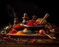 Modern food spice picture high definition. A wooden table topped with lots of different types of spices Royalty Free Stock Photo