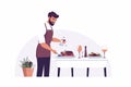 Modern food stylist decorating meal for presentation isolated vector style illustration