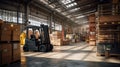 modern forklift at big industrial warehouse, generative AI Royalty Free Stock Photo