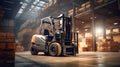 A modern forklift for working in a warehouse, loading, unloading and transporting goods. Logistics warehouse
