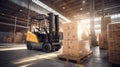 A modern forklift for working in a warehouse, loading, unloading and transporting goods. Logistics warehouse