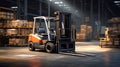 A modern forklift for working in a warehouse, loading, unloading and transporting goods. Logistics warehouse