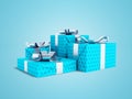 Modern four blue gifts tied on bow 3d render on blue background with shadow
