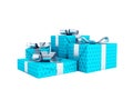 Modern four blue gifts tied on bow 3d render on white background no shadow