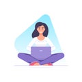 Modern freelancer business woman working use laptop sitting in lotus position vector flat