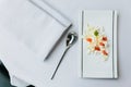 Modern French appetizer: crush and cut cheese with diced tomato served on white rectangle plate with silver spoon and napkin Royalty Free Stock Photo