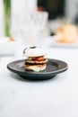 Modern French appetizer: Mini hamburger including white bun, pork, sliced cucumber, tomato and raddish topping with black sesame Royalty Free Stock Photo