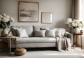 Modern French country style interior design: close-up of fabric sofa with white and gray pillows Royalty Free Stock Photo