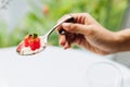 Modern French food: Diced watermelon with white crush cheese served in silver spoon as appetizer Royalty Free Stock Photo