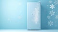 modern fridge and flying snowflake on light blue background