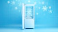 modern fridge and flying snowflake on light blue background