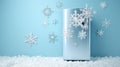 modern fridge and flying snowflake on light blue background