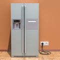 Modern fridge with side-by-side door system in interior, 3D rend Royalty Free Stock Photo