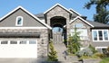 Modern Front Elevation Gray Brick Rock Home House Residence Exterior Custom Siding Gable Details Royalty Free Stock Photo