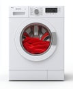 modern front loading washing machine with transparent door, showcasing red laundry inside. sleek design features digital control