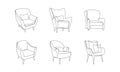 Modern furniture for home interior decorations of trendy loft style outline contour lines. Collection of armchairs and