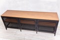 TV stand or shelf for living room or hallway with wooden shelves and metal doors