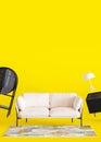 Modern furniture on yellow background with copy space. Furniture store, interior details. Furnishings sale, interior