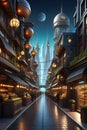 A modern furure city in futuristic style, with shops, restaurants, shopping, wet road, steampunk, wallart, wallpaper, t-shirt Royalty Free Stock Photo