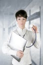 Modern future doctor woman stethoscope on silver