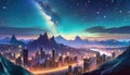 modern future fantasy city looking into space with planets Royalty Free Stock Photo