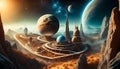 modern future fantasy city looking into space with planets Royalty Free Stock Photo