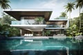 Modern future luxury tropical villa with a swimming pool. Generative AI Royalty Free Stock Photo