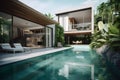 Modern future luxury tropical villa with a swimming pool. Generative AI Royalty Free Stock Photo