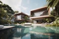 Modern future luxury tropical villa with a swimming pool. Generative AI Royalty Free Stock Photo