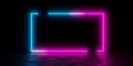 Modern futuristic abstract blue, red and pink neon glowing light open frame design in dark room background